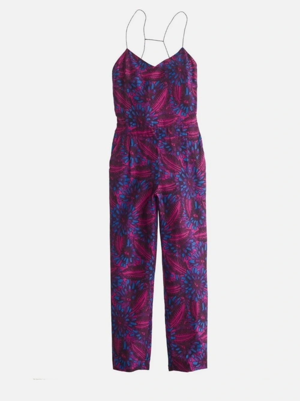 J.Crew Bright Dahlia Floral 100% Silk Strappy Jumpsuit with Pockets Size 6